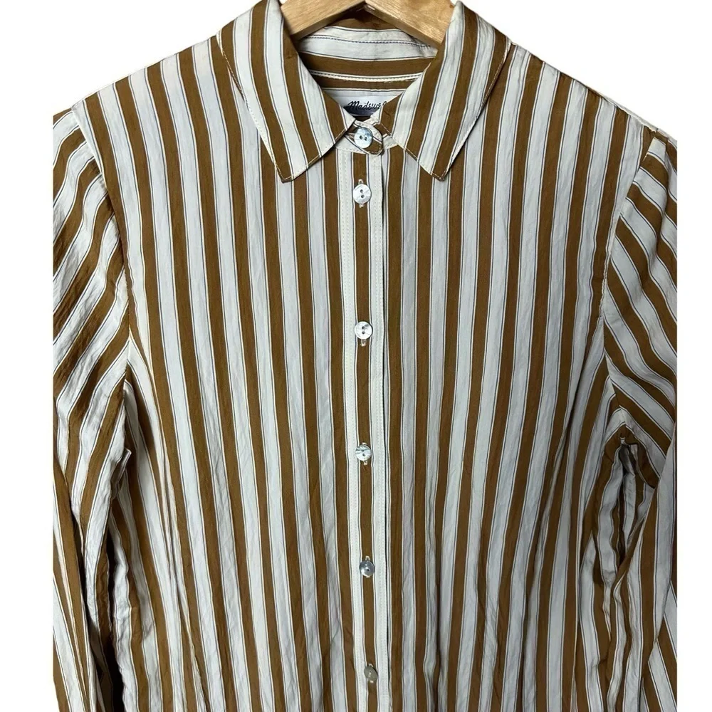 Madewell Crinkled Button Up Shirt Toffee Brown Striped XS - Picture 5 of 10